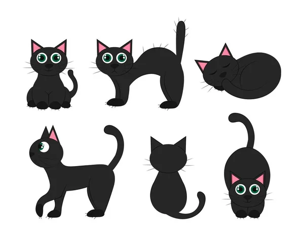 黑猫的姿势不同 嘶嘶声 从前面 后面和坐着看动物 矢量平面插图 让黑猫参加万圣节 — 图库矢量图片