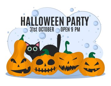 Cadılar Bayramı partisi için davetiye. Düz siyah kedi ve balkabağı tarzında çizgi film karakterleri. Vektör çizimi. Cadılar Bayramı Parti Tasarım şablonu ve metin yeri.