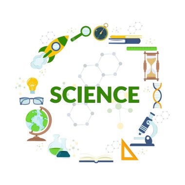 Bilim konuları, nesneler ve semboller daire şeklinde dizilmiştir. Pictogram 'ı ağ için ayarla. Beyaz arka planda izole edilmiş Sience sembolleri. Vektör Eps10