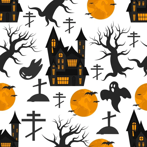 Nahtloses Halloween Muster Mit Feiertagssymbolen Vektorflache Illustration Tapeten Textilien Banner — Stockvektor