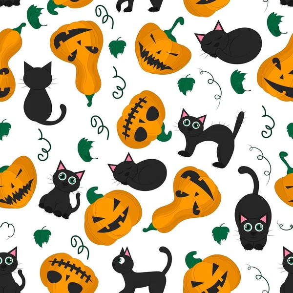 Nahtloses Muster Halloween Kürbis Und Schwarze Katze Auf Weißem Hintergrund — Stockvektor