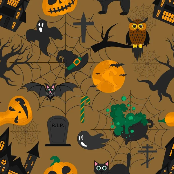 Sömlös Halloween Mönster Med Semester Symboler Vektor Platt Illustration Tapeter — Stock vektor