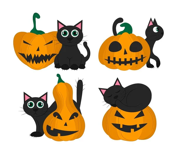 Conjunto Gatos Negros Con Calabaza Aislada Sobre Fondo Blanco Conjunto — Archivo Imágenes Vectoriales