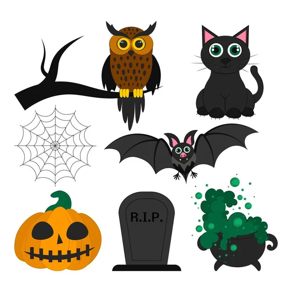 Набор Объектов Хэллоуина Векторная Плоская Иллюстрация Символы Праздника Изолированные Объекты Лицензионные Стоковые Векторы