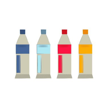 Tüpte çok renkli boyalar var. Beyaz arka planda izole edilmiş. Vektör düz çizim. Boya, diş macunu, krem, kozmetik, yapıştırıcı için tüp.