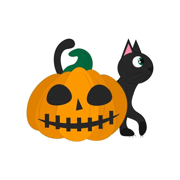 Gatto Nero Con Zucca Isolata Fondo Bianco Oggetto Halloween Illustrazione — Vettoriale Stock