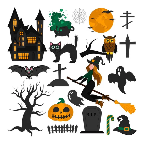 Set Von Objekten Für Halloween Feiertagssymbole Vereinzelte Objekte Von Eule — Stockvektor