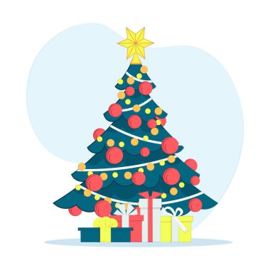 Beyaz arka planda izole edilmiş hediye kutularıyla Noel ağacı. Düz bir şekilde vektör illüstrasyonu. Yıldız, Noel baloları, ağaçtaki ampuller. Dekorasyon için yeni yıl unsurları. Modern tasarım. 