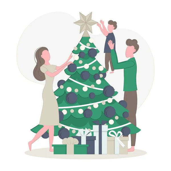 Familie Versiert Kerstboom Vector Illustratie Vlakke Stijl Gelukkige Familie Bereidt Rechtenvrije Stockillustraties