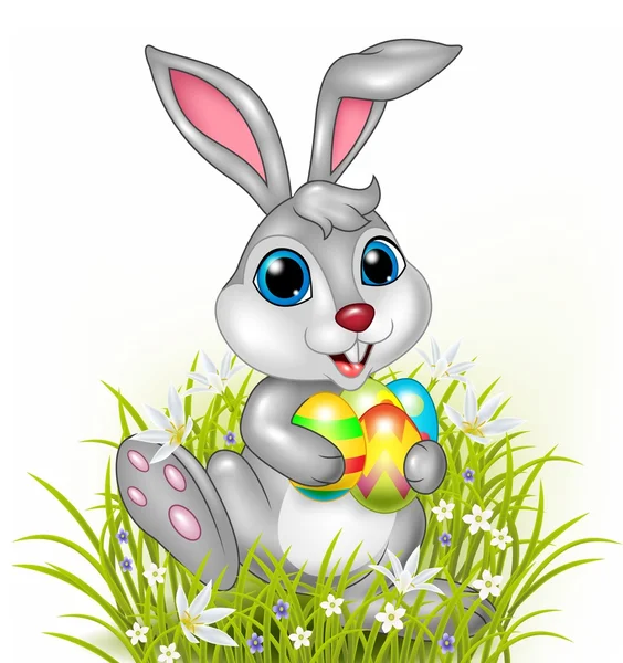 Conejo de dibujos animados sosteniendo coloridos huevos de Pascua — Vector de stock