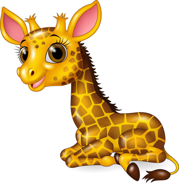 Cartoon funny baby giraffe sitting isolated on white background