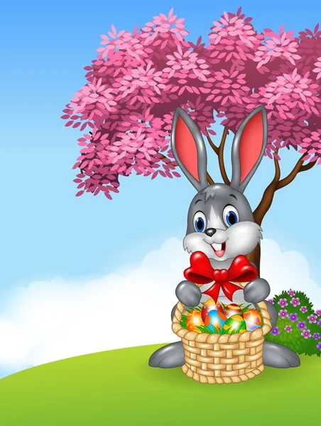 Conejo de Pascua de dibujos animados celebración cesta de Pascua llena de huevos de Pascua decorados — Archivo Imágenes Vectoriales