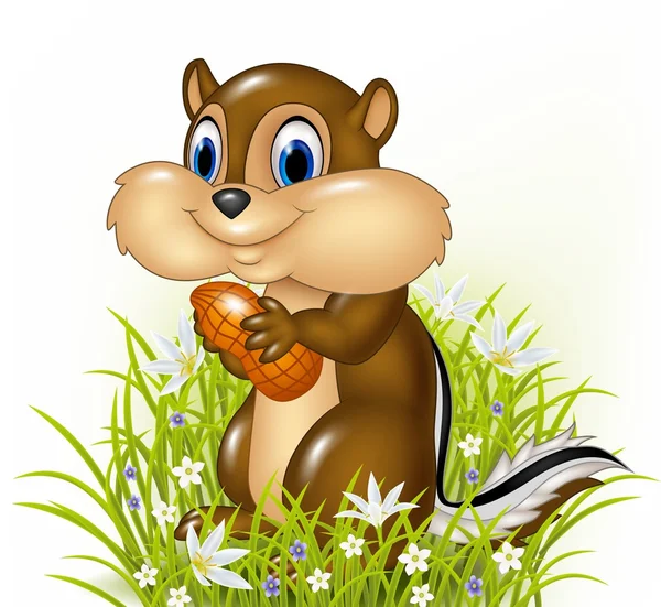 Cartoon chipmunk bedrijf pinda — Stockvector