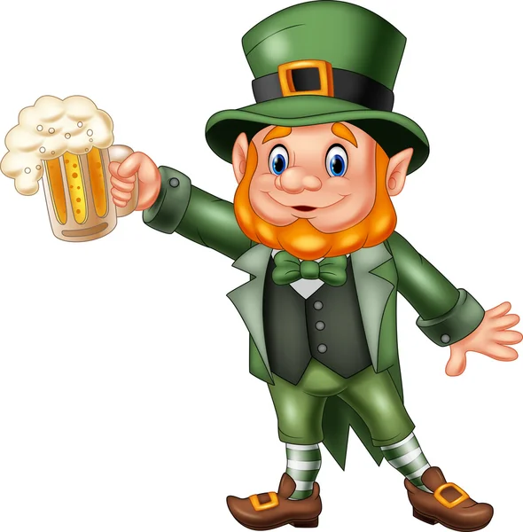 Cartoon San Patrizio, Leprecauno con birra tazza — Vettoriale Stock