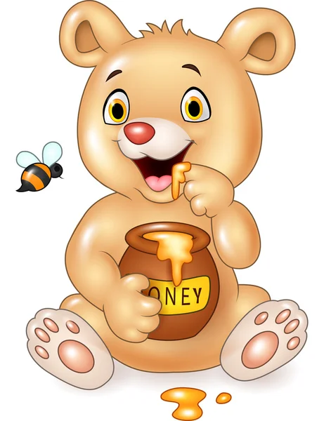 Cartoon funny baby bear holding honey pot isolated on white background — Stock Vector