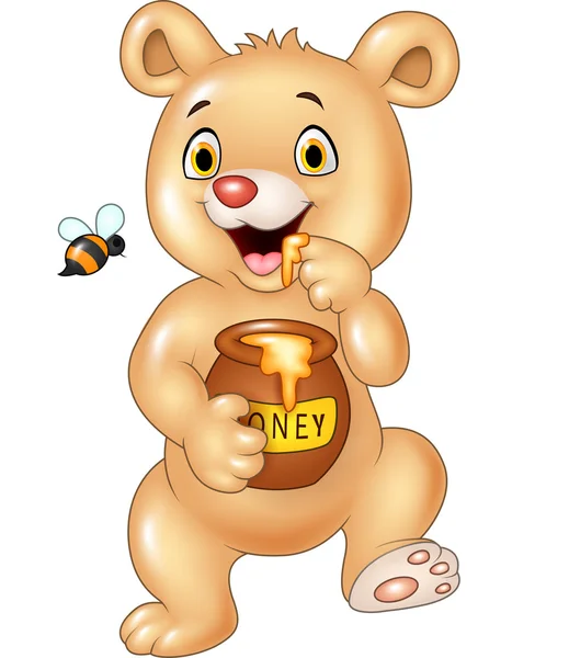 Lindo oso bebé sosteniendo olla de miel aislado sobre fondo blanco — Vector de stock
