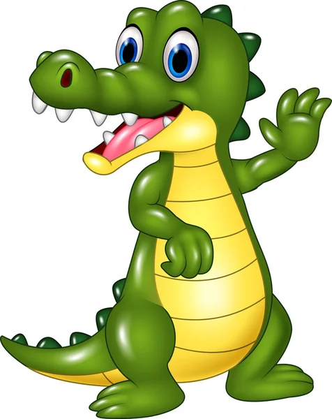 Dessin animé drôle crocodile agitant la main isolé sur fond blanc — Image vectorielle