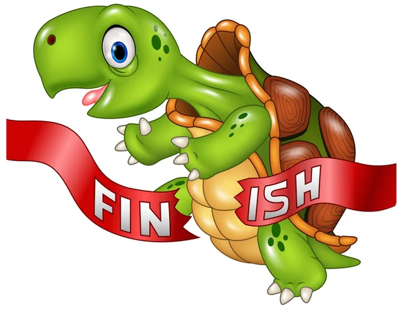 Cartoon turtle wins by crossing the finish line — Stock Vector