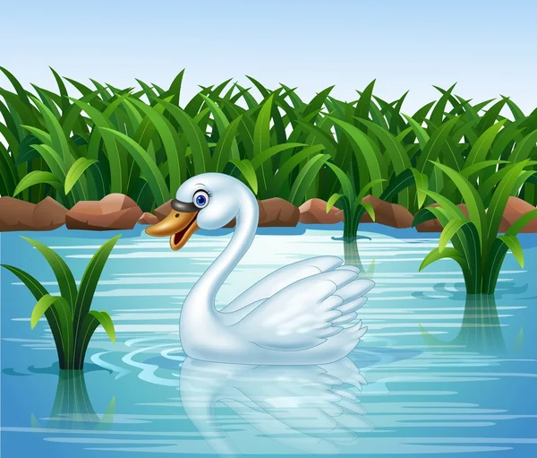 Zeichentrick-Schönheitsschwan schwimmt auf Fluss — Stockvektor