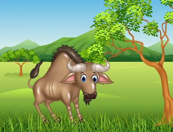 Dibujos animados Wildebeest mascota en la selva — Vector de stock