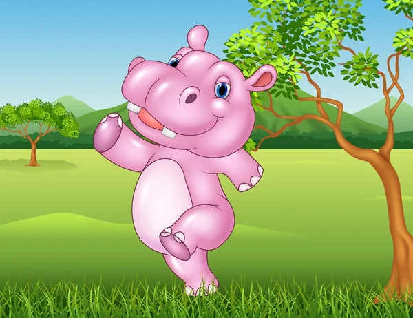 Hipopótamo de dibujos animados corriendo y feliz en la selva — Vector de stock