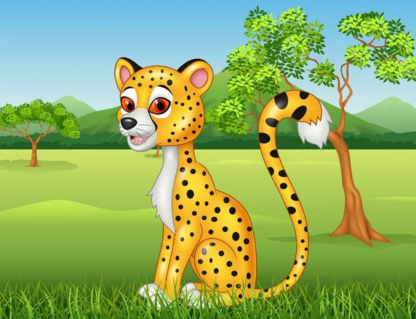 Dibujos animados divertido leopardo en la selva — Vector de stock