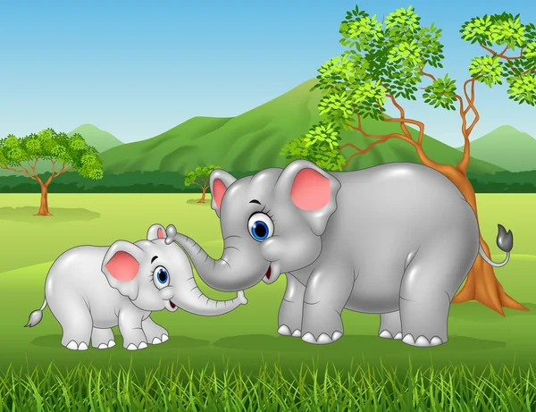 Karikatür fili anne ve baldırı ormanda kaynaştırır. — Stok Vektör