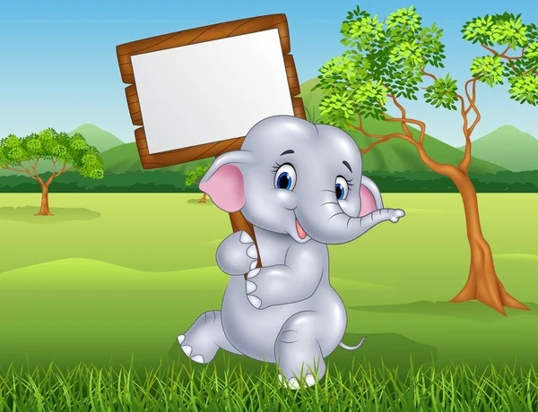 Cute elephant holding blank sign in the jungle — Stock Vector