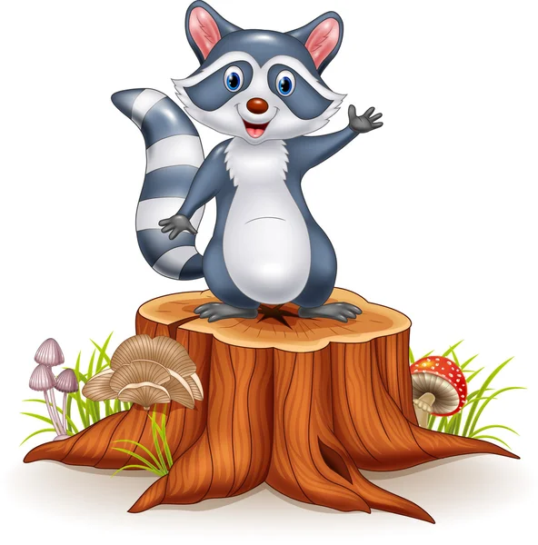 Dibujos animados divertido mapache de dibujos animados agitando la mano en el tocón del árbol — Vector de stock