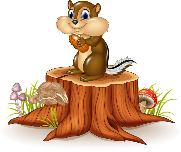 Мультфильм бурундук держит арахис на пне дерева — стоковый вектор