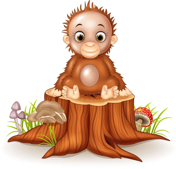 Cartoon cute a baby monkey sitting on tree stump — Stock Vector