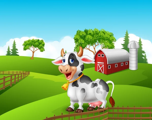 Cartoon happy cow smile isolated in the farm — Stock Vector