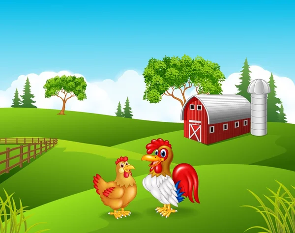 Desenhos animados de frango bonito na fazenda —  Vetores de Stock