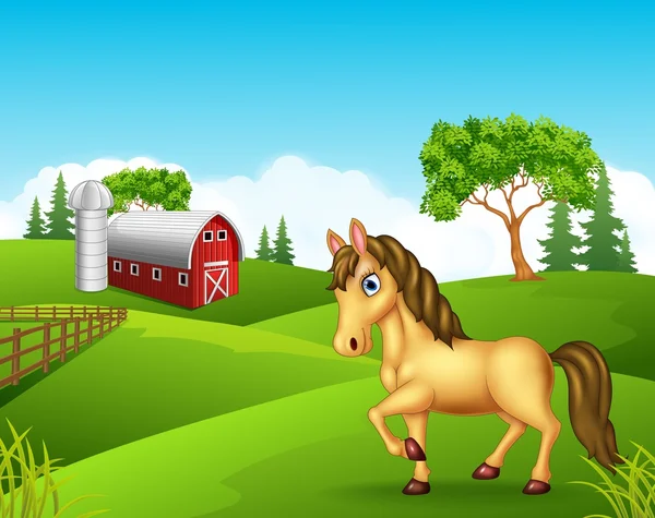 귀여운 갈색 말 달리기는 농장에 고립 — 스톡 벡터