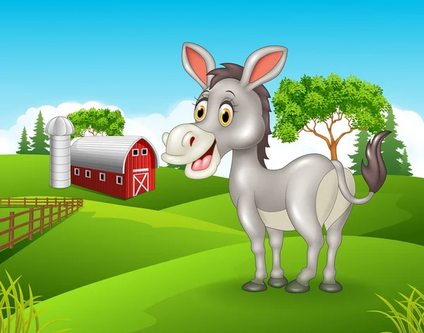 Sonrisa burro de dibujos animados de pie en la granja — Vector de stock