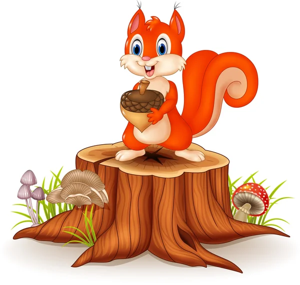 Cartoon squirrel holding pinecone on tree stump — Stock Vector