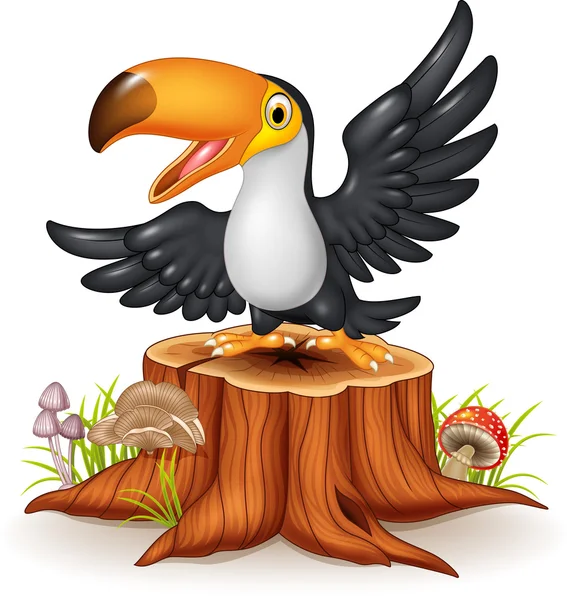 Cartoon funny toucan on tree stump — Stock Vector