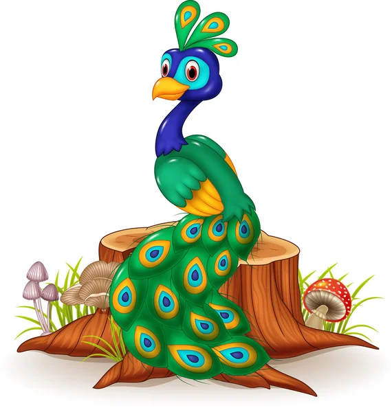 Lindo pavo real en tocón de árbol — Vector de stock