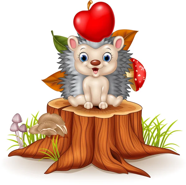 Happy Little hedgehog sitiiing on tree stump — Stock Vector