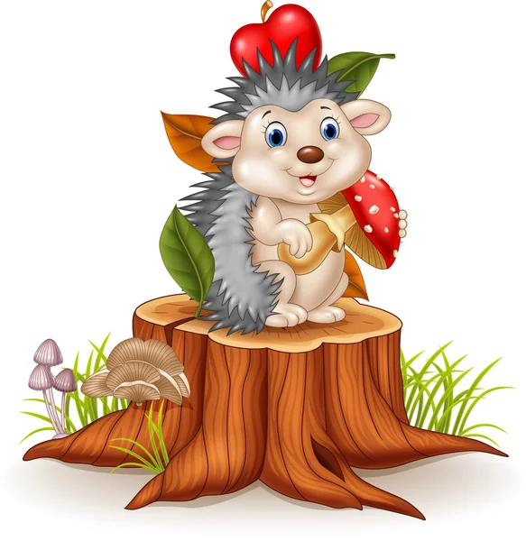 Little hedgehog holding mushroom on tree stump — Stock Vector