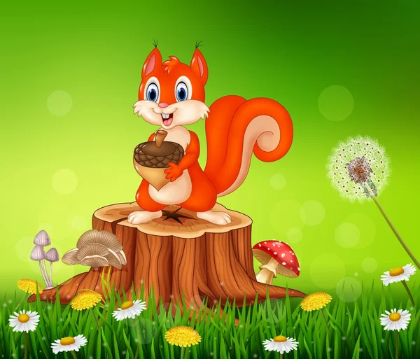Caricature écureuil tenant cône de pin sur souche d'arbre dans le fond de la saison estivale — Image vectorielle