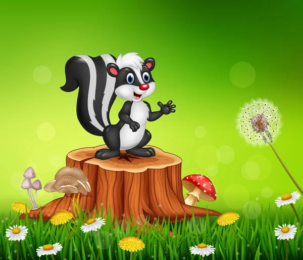 Cartoon funny skunk on tree stump in summer background — Stock Vector