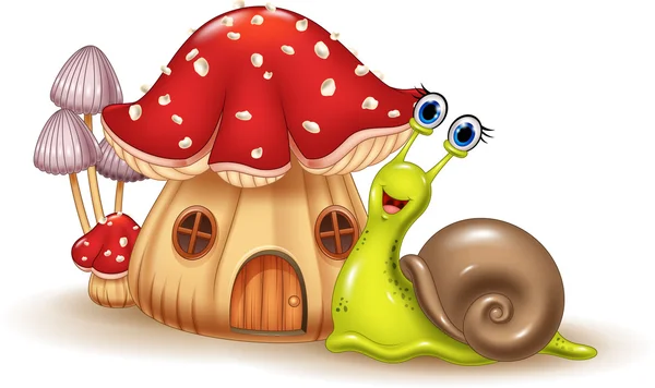 Schönes Pilzhaus und glücklicher Schnecken-Cartoon — Stockvektor