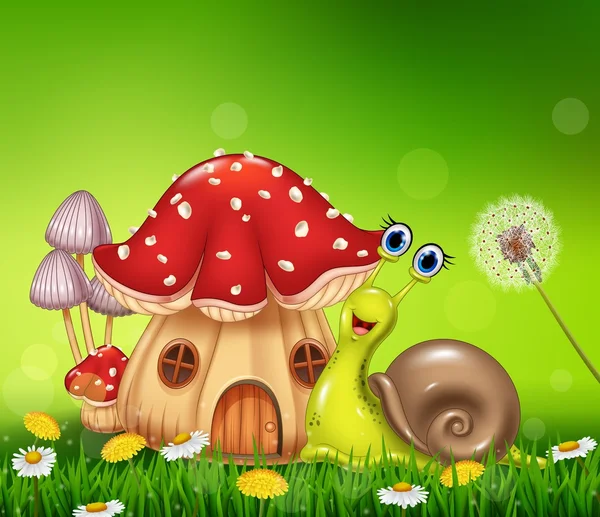 Happy siput dengan rumah jamur yang indah - Stok Vektor