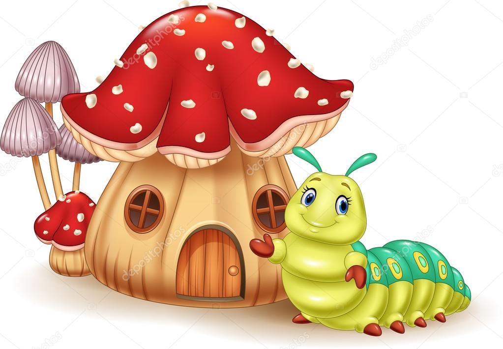 Beautiful mushroom house and cute caterpillar