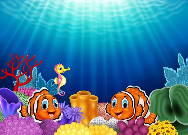 Cute clown fish and Seahorse in beautiful underwater — Stock Vector