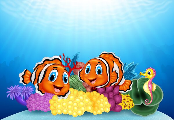 Cartoon clownfish and seahorse with underwater landscape