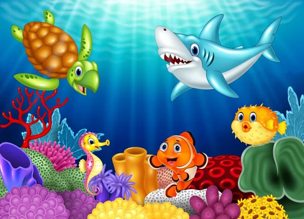 Dibujos animados peces tropicales y hermoso mundo submarino con corales — Vector de stock