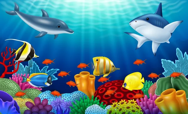 Belo mundo subaquático com corais e peixes tropicais. — Vetor de Stock