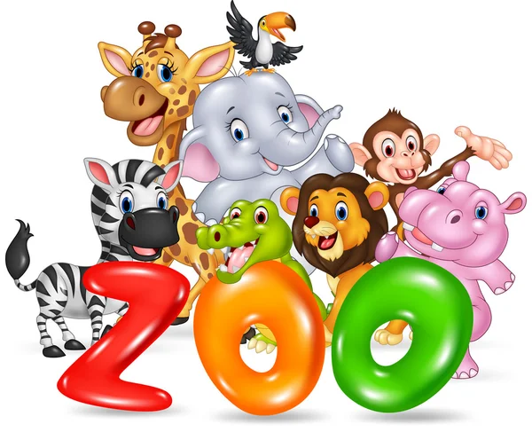 Palabra zoológico con dibujos animados feliz animal salvaje África — Vector de stock